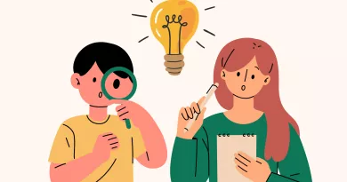 Cartoon of two students holding a notepad and magnifying glass with a lightbulb above their heads