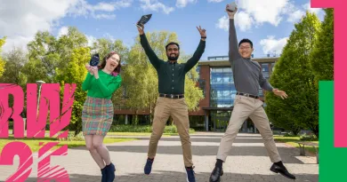 Research Week Poster showing three people jumping in the air celebrating their awards