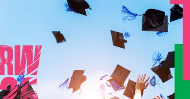 Research Week poster showing caps being thrown in the air at a graduation 