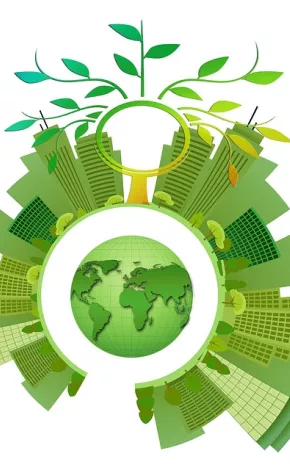 icon image of green earth surrounded by green high rise buildings depicting sustainability