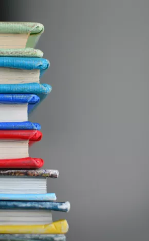 Image shows a stack of books