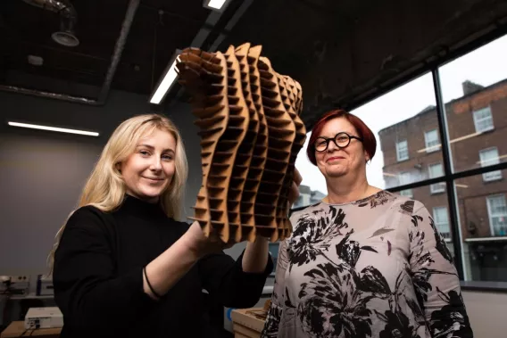 2012-2022: City Centre campus welcomes its first students. UL President Professor Kerstin Mey with fourth-year architecture student Ellen Meany at the Fab Lab in the new UL City Centre Campus Pictures: Sean Curtin/True Media 