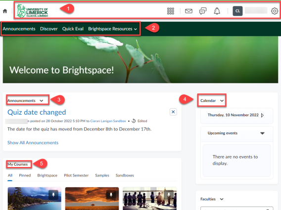 Brightspace Homepage showing numbers 1-5 highlighted in red showing the corresponding 1-5 in this article.