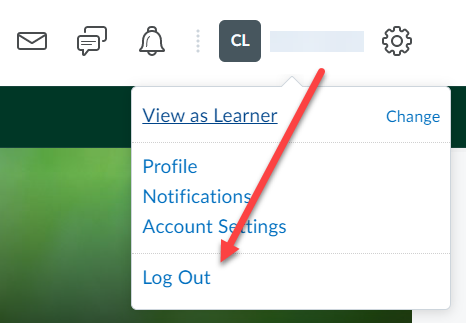Screenshot of dropdown menu when you click on your name in the course header, with a red arrow pointing to 'Log Out'
