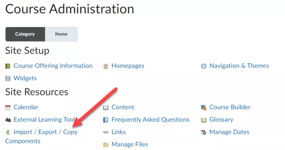 Screnshot of Course Admin menu showing the Import/Export/Copy Components option