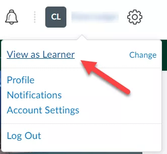 Screenshot of View as Learner option displayed in dropdown menu