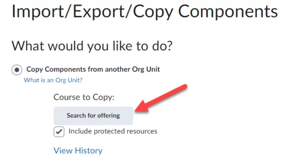 Screenshot of Import/Export/Copy Components showing the Search for offering button