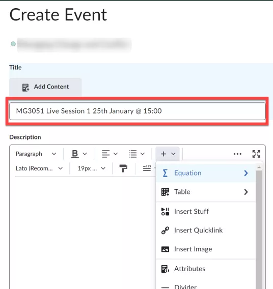 Screenshot of Create event in the Brightspace calendar dispalying the name