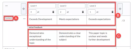 Screenshot of adding feedback options in the Rubric