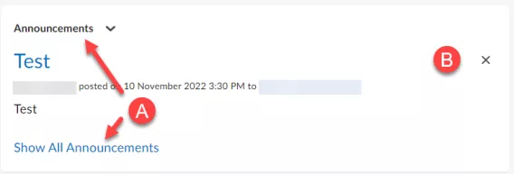 Screenshot of Announcements widget with A and B highlighted in red corresponding to A and B below