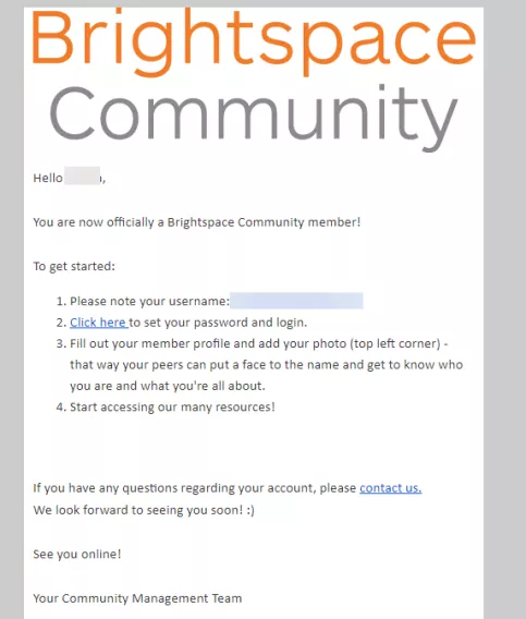 Screenshot of Brightspace Community confirmation email