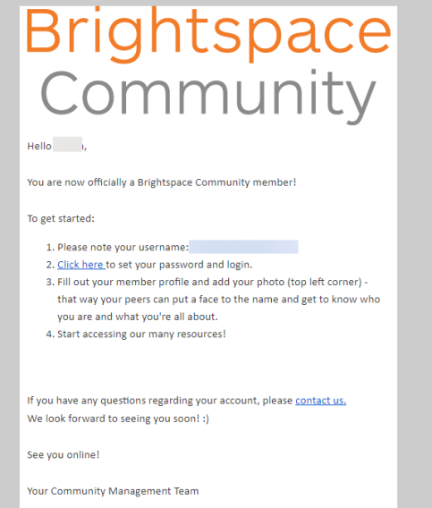 Screenshot of Brightspace Community confirmation email