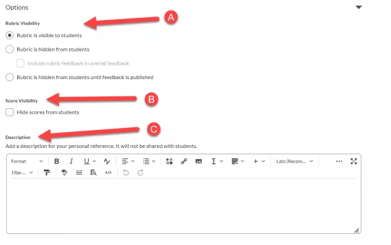 Screenshot of Rubric options with steps A, B and C highlighted in red