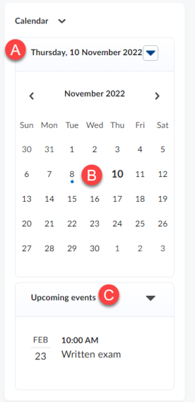 Screenshot of the Calendar widget on the Brightspace homepage with A, B and C in red corresponding to steps A-C below