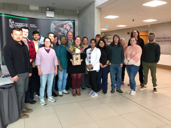 Sarah along with members of the UL Physics Department and the Bernal Institute on November 4th last after being presented with a gift of flowers and a card. 