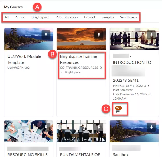 Screenshot of My Courses widget with A B and C in red highlighting the options detailed below.