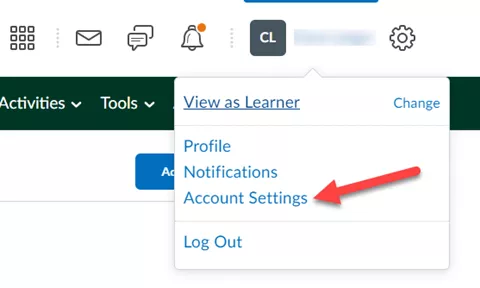 Screenshot of the Brightspace user interface showing how to hover over the user name on top right and disply the Account Settings option
