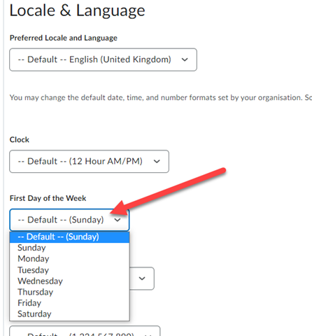 Screenshot of Brightspace Account Settings page showing the 'First Day of the Week' dropdown menu