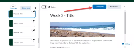 Screenshot of unit page in the Content menu, with an arrow pointing to the Add Existing button on the top right.