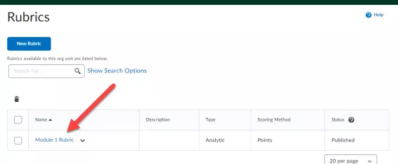 Screenshot of single rubric with an arrow pointing to where it can be edited