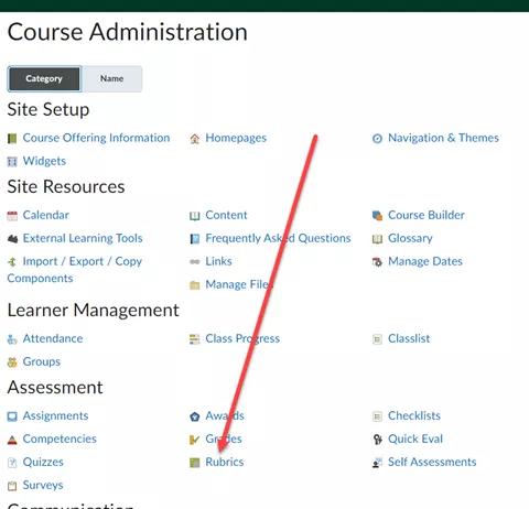 Screenshot of Brightspace Course Admin menu with a red arrow pointing to the Rubrics option.