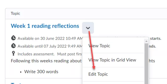 Screenshot of a discussion topic in Brightspace with the dropdown menu expanded and a red arrow pointing to Edit Topic