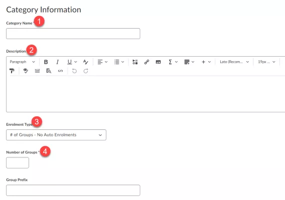 Scrrenshot of new category information with numbers 1-4 in red pointing to the equivalent numbers in text