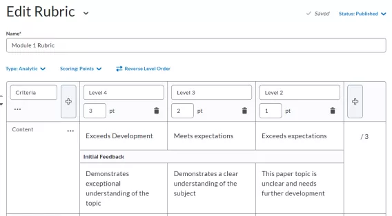 Screenshot of Edit Rubric page in Brightspace showing Module 1 Rubric with Level 4, 3 and 2 criteria