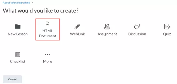 Screrenshot of options when you click 'Create New' with the HTML Document highlighted.