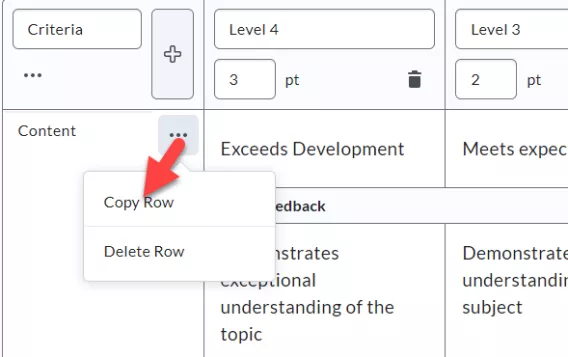 Screenshot of Rubric with the options highlighted from the ellipsis icon (3 dots) beside the criterion name (Copy Row and Delete Row) 