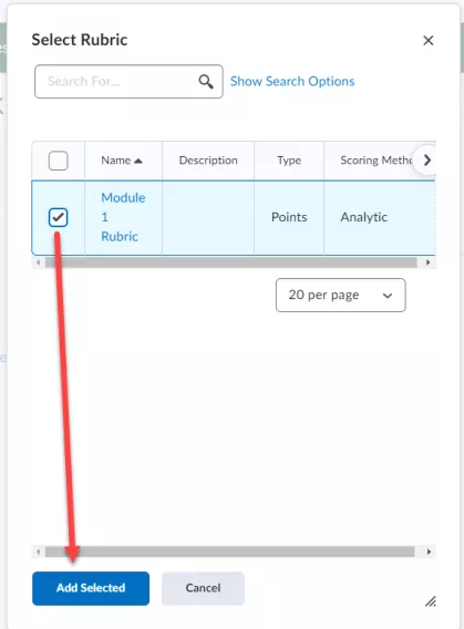 Screenshot of Select Rubric menu with the check box highlighted for the rubric you want to attach. 