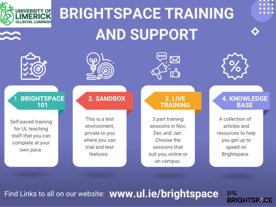 Brightspace training and support summar with Brughtspace 101 in blue, sandbox in red, Live training in yellow and Knowledge base in purple