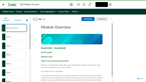 Screenshot of content menu showing a sample master course Content layout for Brightspace Phase 2