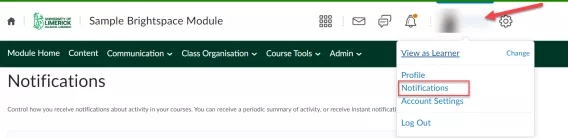 Screenshot of Brightspace navbar showing the menu when you click on your profile picture (with an arrow), and the Notifications option highlighted in red.