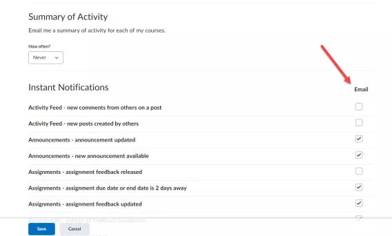 Screenshot of Brightspace notification settings page with an arrow pointing to the checkboxes where you can opt in and out.