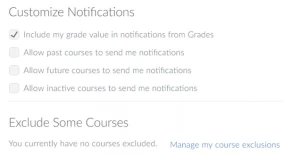 Screenshot of the Customise Notifications info, with checkbox options;