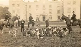 Image from Armstrong College which includes horses, hounds, house