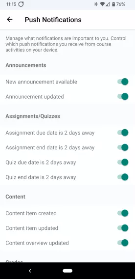Screenshot of push notifications settings in the Brightspace Pulse app.