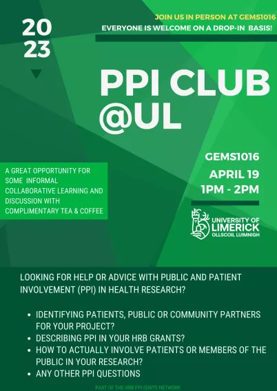 PPI Club Poster for 19th April 2023 1-2pm in GEMS1016 with complimentary Tea & Coffee