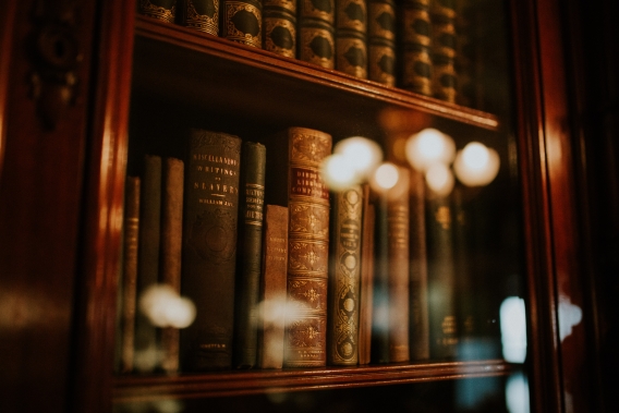 shot of books on a library shelf