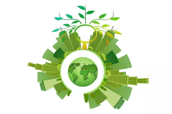 icon image of green earth surrounded by green high rise buildings depicting sustainability