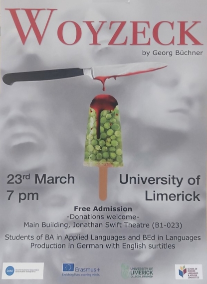 Poster advertising Woyzeck German play includes a bloody dagger and ice pop made of frozen grapes 