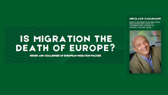 Words "Is migration the death of European, issues and challenges of European migration policies" Image of Nikolaos Zahariadis