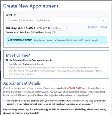 create a new appointment wconline