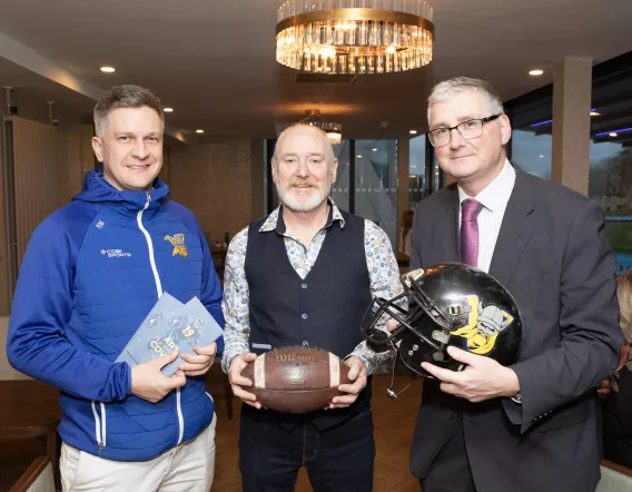 Liam Ryan, Vikings coach, artist and author Seán Lynch and  UL Provost & Deputy President Professor Shane Kilcommins