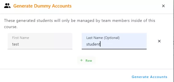 Generate dummy student account dialog box