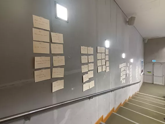 a group of yellow notes on a wall in a lecture hall