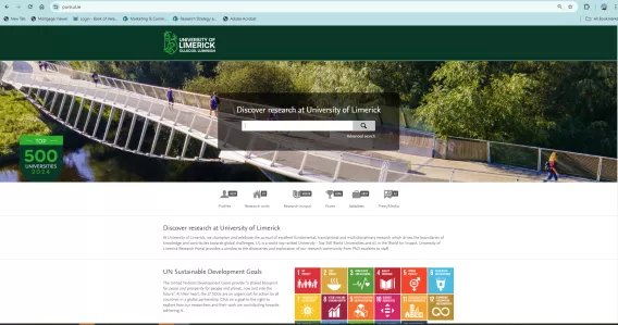 Image shows a screenshot of the Pure portal which is the public view of research in UL