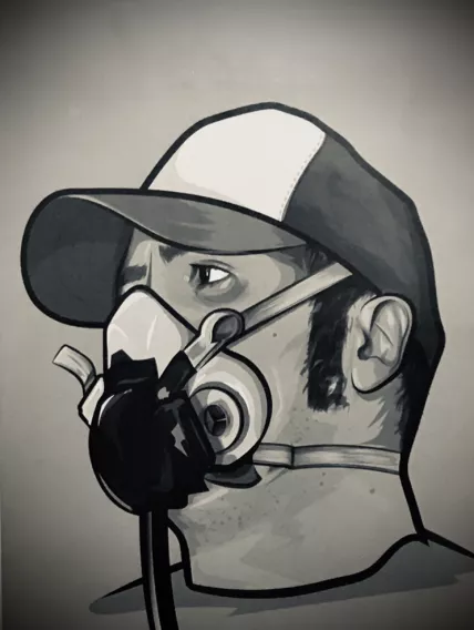 Cartoon of steve ryan with oxygen/gas mask on