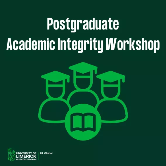 dark green poster with light green graphic of 3 people in graduation hats and a book